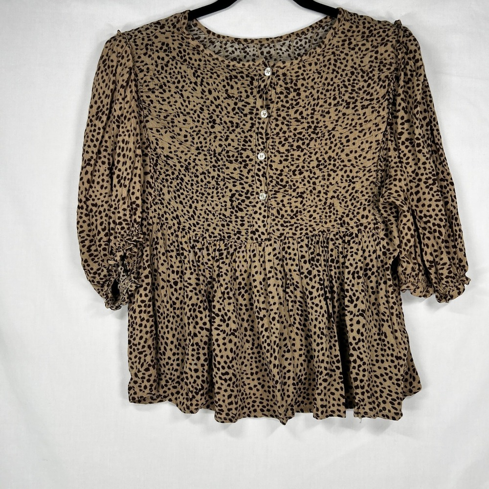 Coco + Jaimeson Animal Print Smocked Peasant Blouse Brown Black L